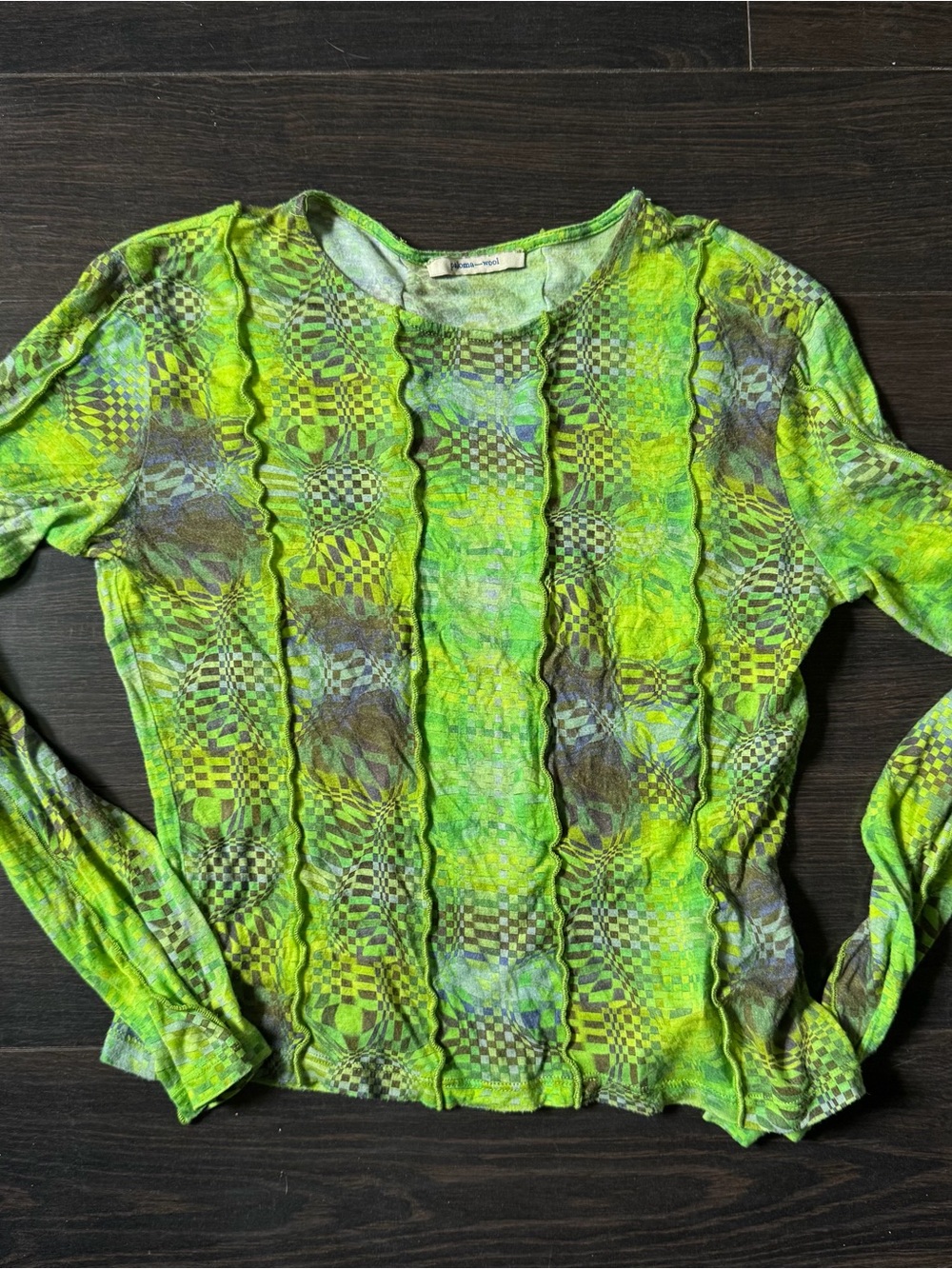Paloma Wool Neon Green Patterned Crinkle Long Sleeve Top